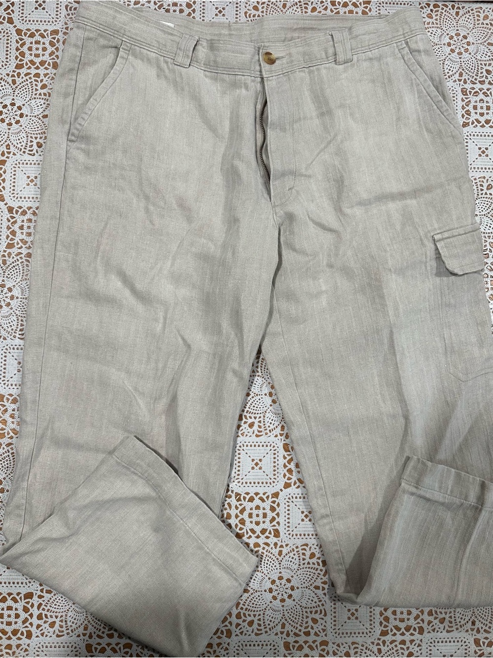 Perry Ellis 100% Linen Cargo Pants Men’s 38x30 Beige Straight Leg Lightweight